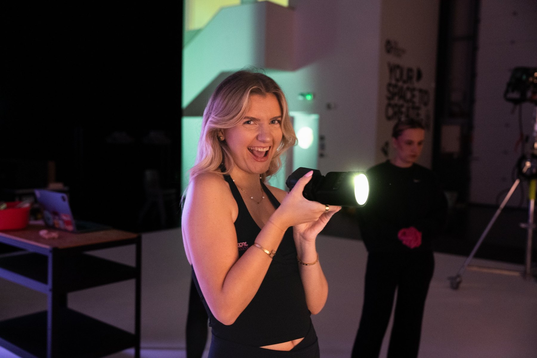 Ellie behind the camera on a shoot day